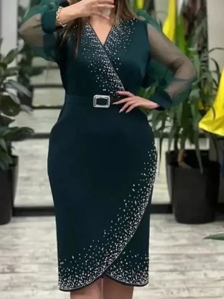 Ogilvy Evening Dress with V-neck Bead and Mesh Lantern Long Sleeve Sexy Womens Party Classic Office Womens Wedding Guest Dress 240921