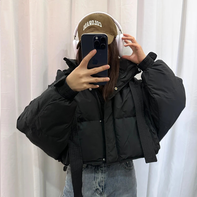 Loose Hoodie Purple Short Sleeve Womens Jacket Winter Casual Bat White Duck Down Thick Puff Coat 240921