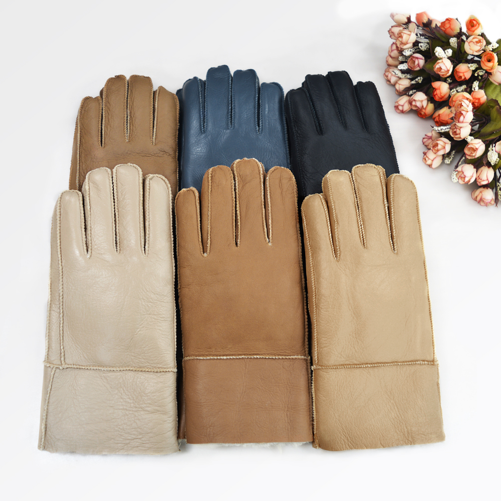 Winter Outdoor Solid Thickened Style Genuine Leather Fur Lined Gloves Mittens Wool Gloves For Men