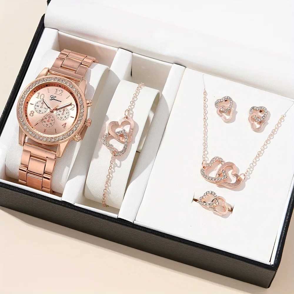6-piece rose gold luxury womens ring necklace earrings rhinestones fashionable wrist casual womens braceletXJ250304