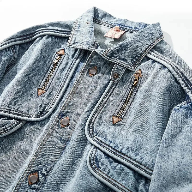 IEFB Autumn Mens Denim Jacket Solid Color Collar US Coat Washing Patch Work Multi Pocket 12A5983 240921