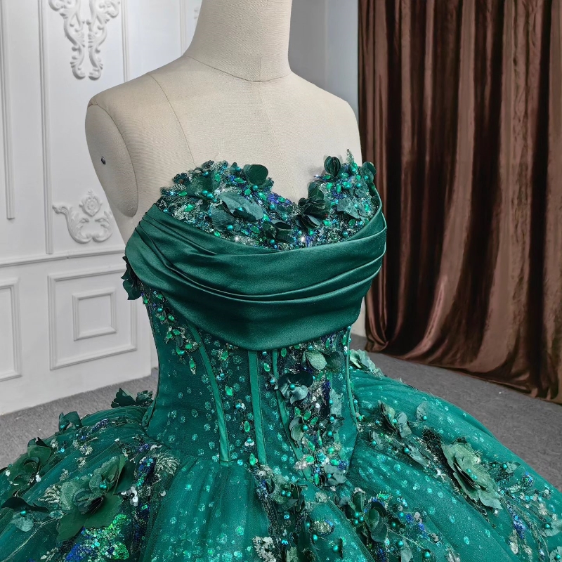 Blackish Green Ball Gown Quinceanera Dresses Off The Shoulder Sequined Appliques Flower Beads Crystal Tull Vestidos De 15 Anos Sweet 16 Dress