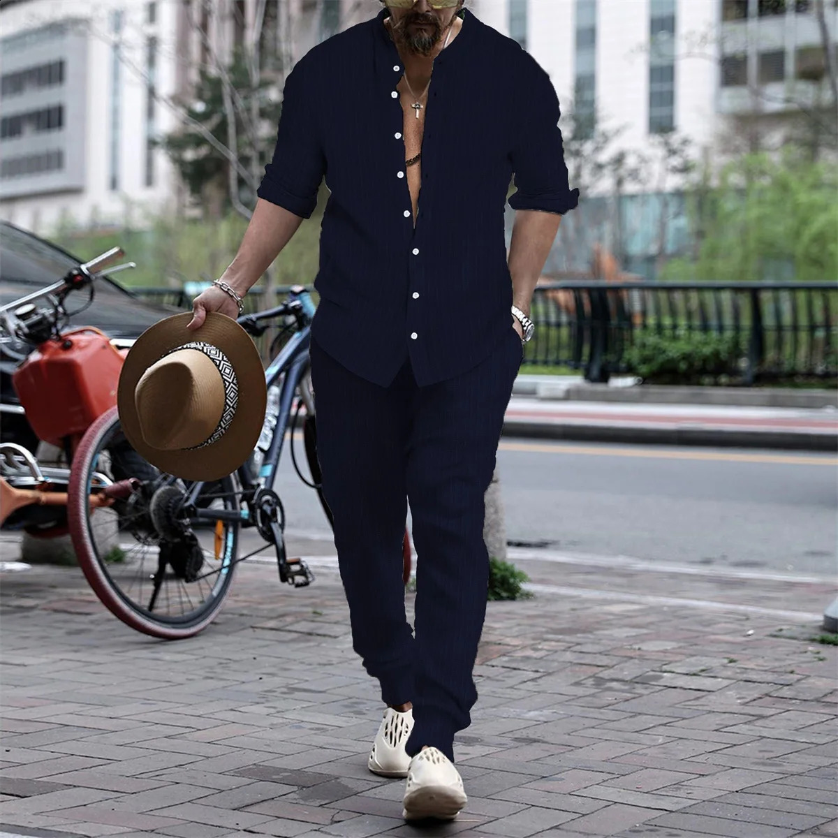 Tiki Mens Shirt Spring And Autumn Casual Shopping Solid Color Striped Long Sleeve Shirt Striped Pants Set Flash Sales 240918
