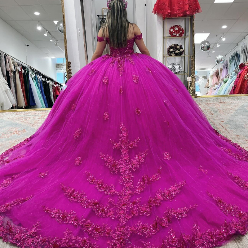 Rose Red Shiny Quinceanera Dresses Ball Gown Off The Shoulder Applique Lace Beading CrystalsTull Corset Sweet 16 Dress Vestido De 15 Anos