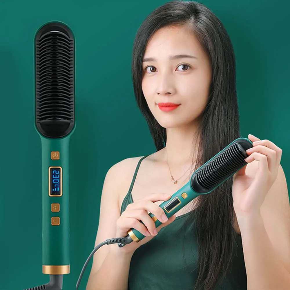 2-in-1 electric professional negative ion straight hair brush curling comb with LCD display curling tool CL240923