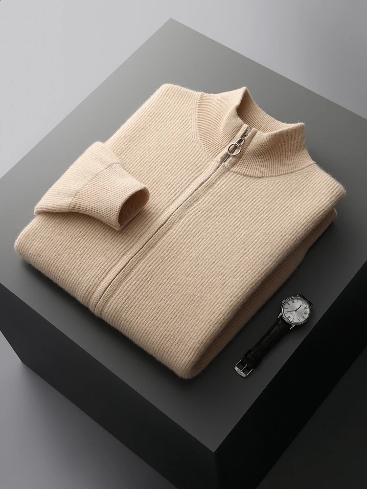 Autumn Winter Sweater Mens 100% Wool Mens Top Round Neck Knitted Zipper Cardigan Thickened Warm Long Sleeved 240923