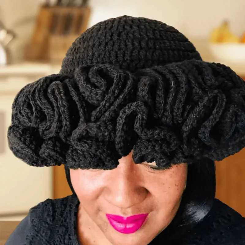 Wide Brim Hats Bucket Colorful crocheted ruffled bucket hat warm and elastic knitted celebrating the New Year with womens fashionable handmade beanie 