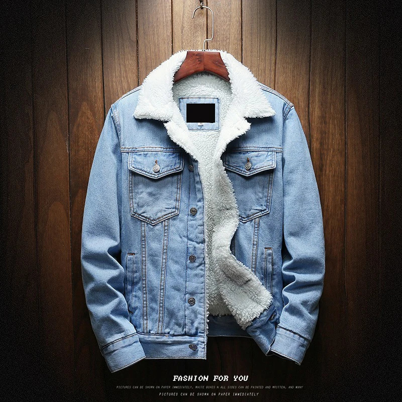 Plush long sleeved denim jacket mens winter cotton wool Korean fashion style thick 240921