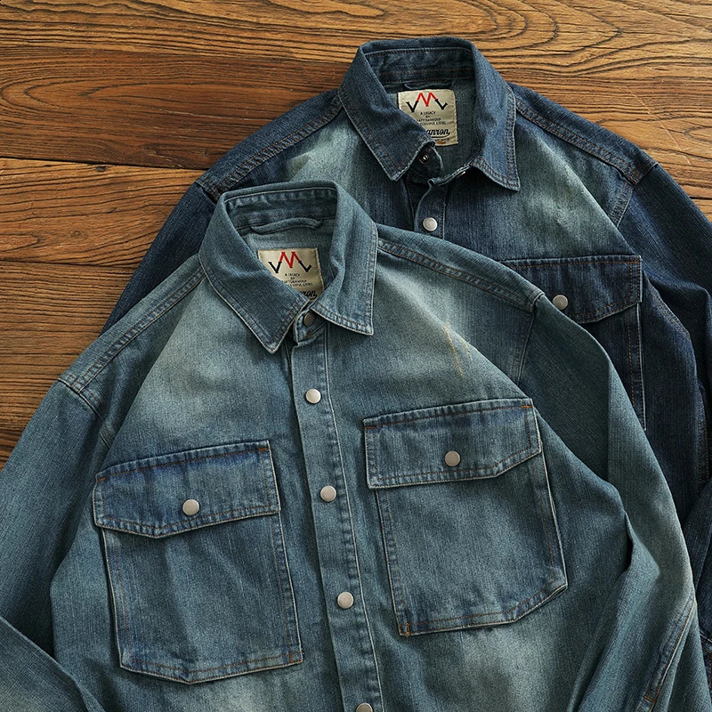 Mens denim jacket autumn loose casual shirt fashionable pocket cargo 240921