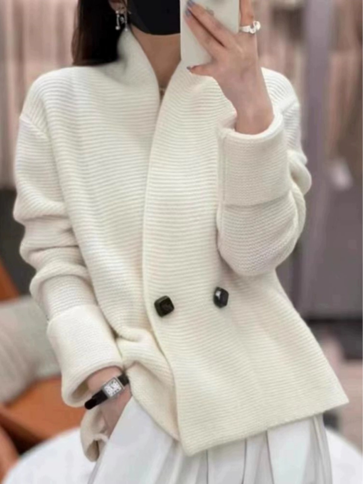 European 100% Cashmere Knitted Cardigan Female Autumn And Winter Temperament Loose Wool Sweater Coat