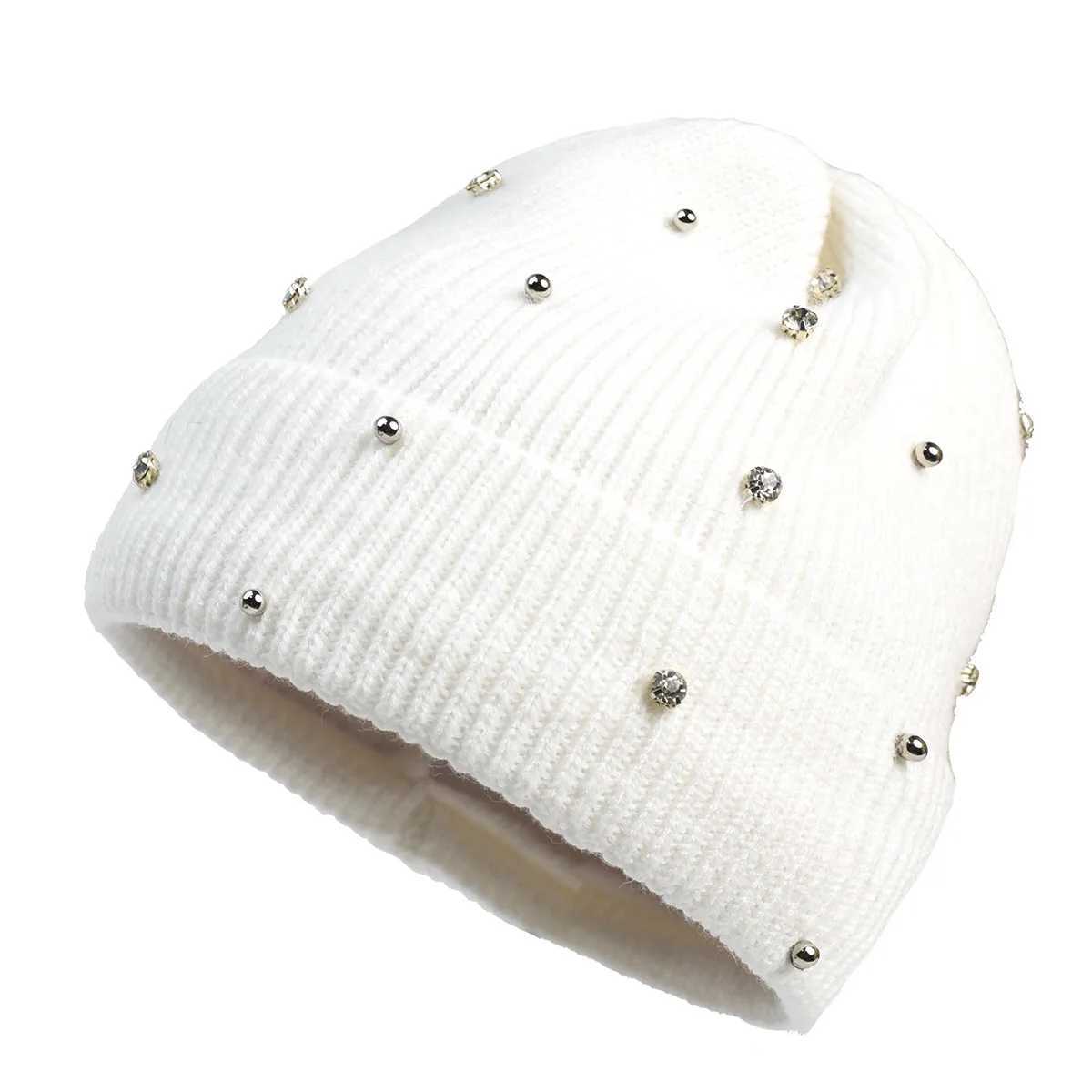 Beanie/Skull Caps New Solid Color Plush Knitted Hat for Women Winter Gradient Warm Wool C Female Pearl Beanies Outdoor Thickened Fashion Bonnet J24092