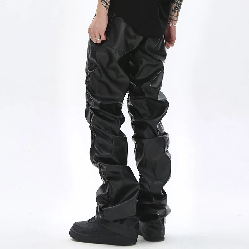 Hip Hop Mens Pleated Pu Leather Pants Harajuku Retro Streetwear Loose Ruched Casual Trousers Straight Solid Color Black Pants 240923