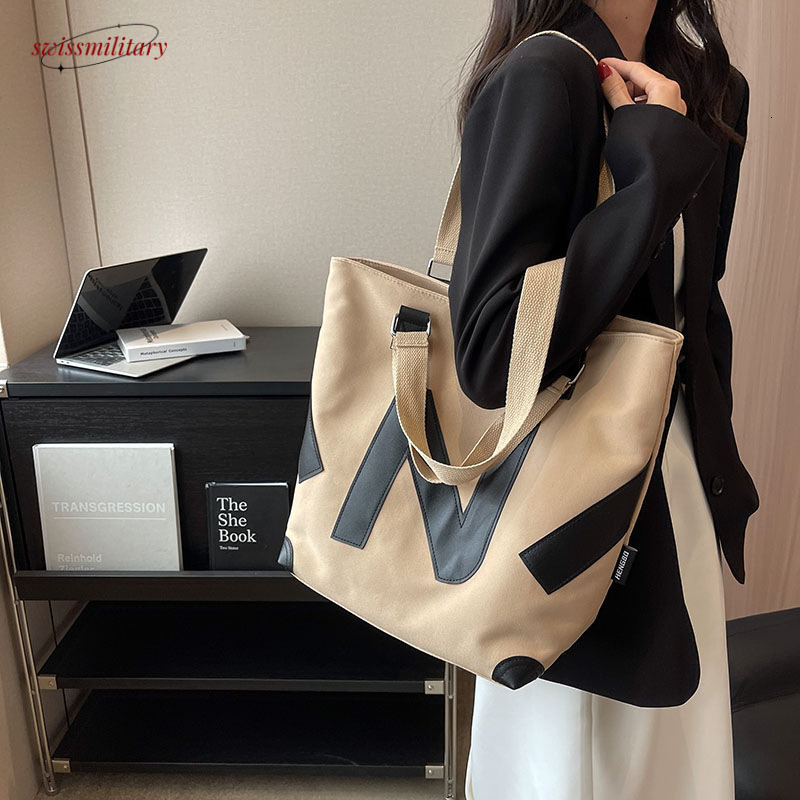 2024 New Leisure Large Capacity Instagram Student One Shoulder Tote Double sided Emed Letter Canvas Bag for Women #27 Swissmilitary