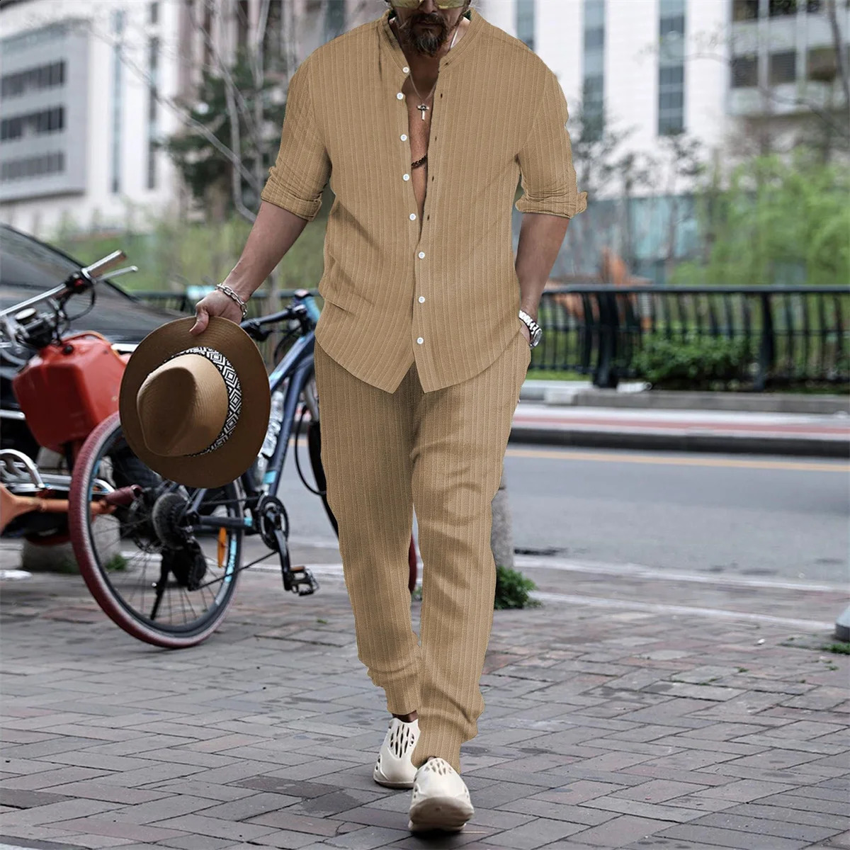 Tiki Mens Shirt Spring And Autumn Casual Shopping Solid Color Striped Long Sleeve Shirt Striped Pants Set Flash Sales 240918