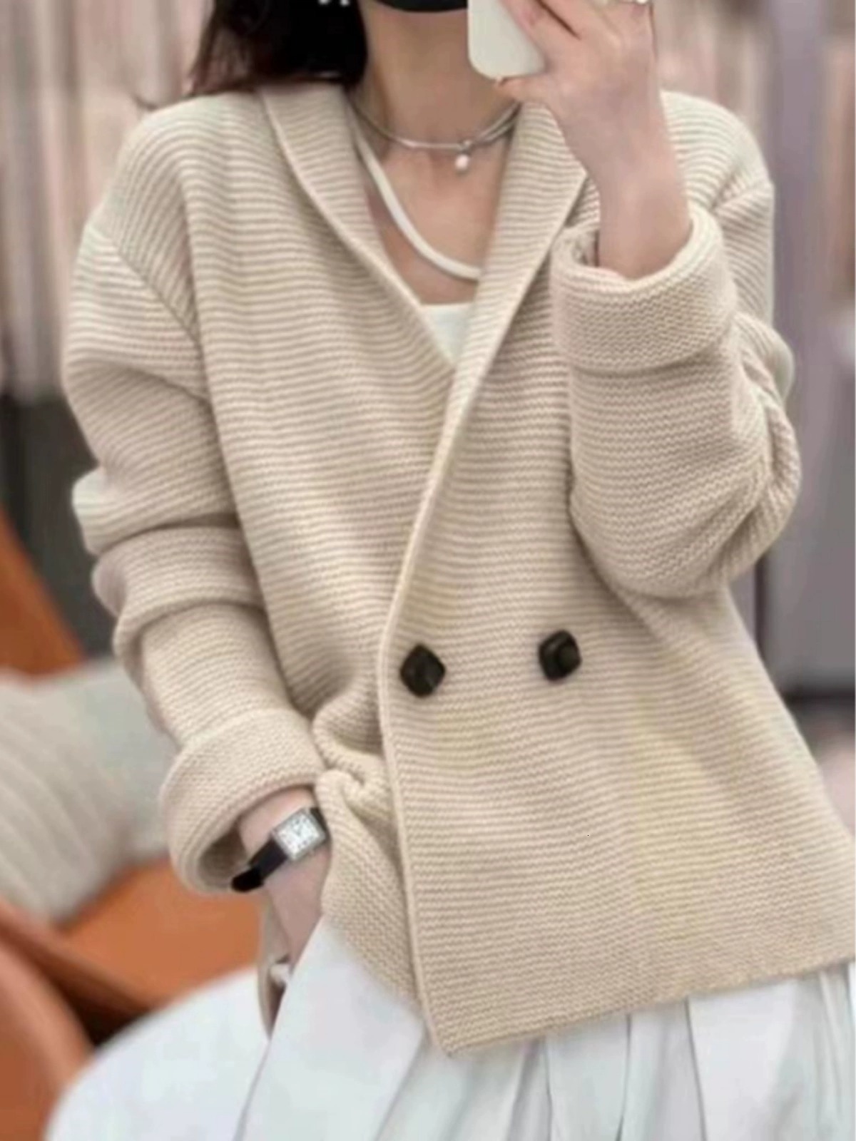European 100% Cashmere Knitted Cardigan Female Autumn And Winter Temperament Loose Wool Sweater Coat