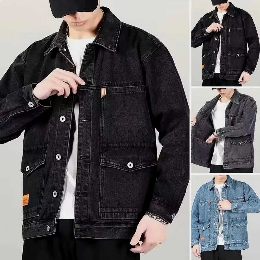 SpringAutumn Mens Denim Jacket Casual Solid Color Fashion Motorcycle Medium Length for Dating 240921