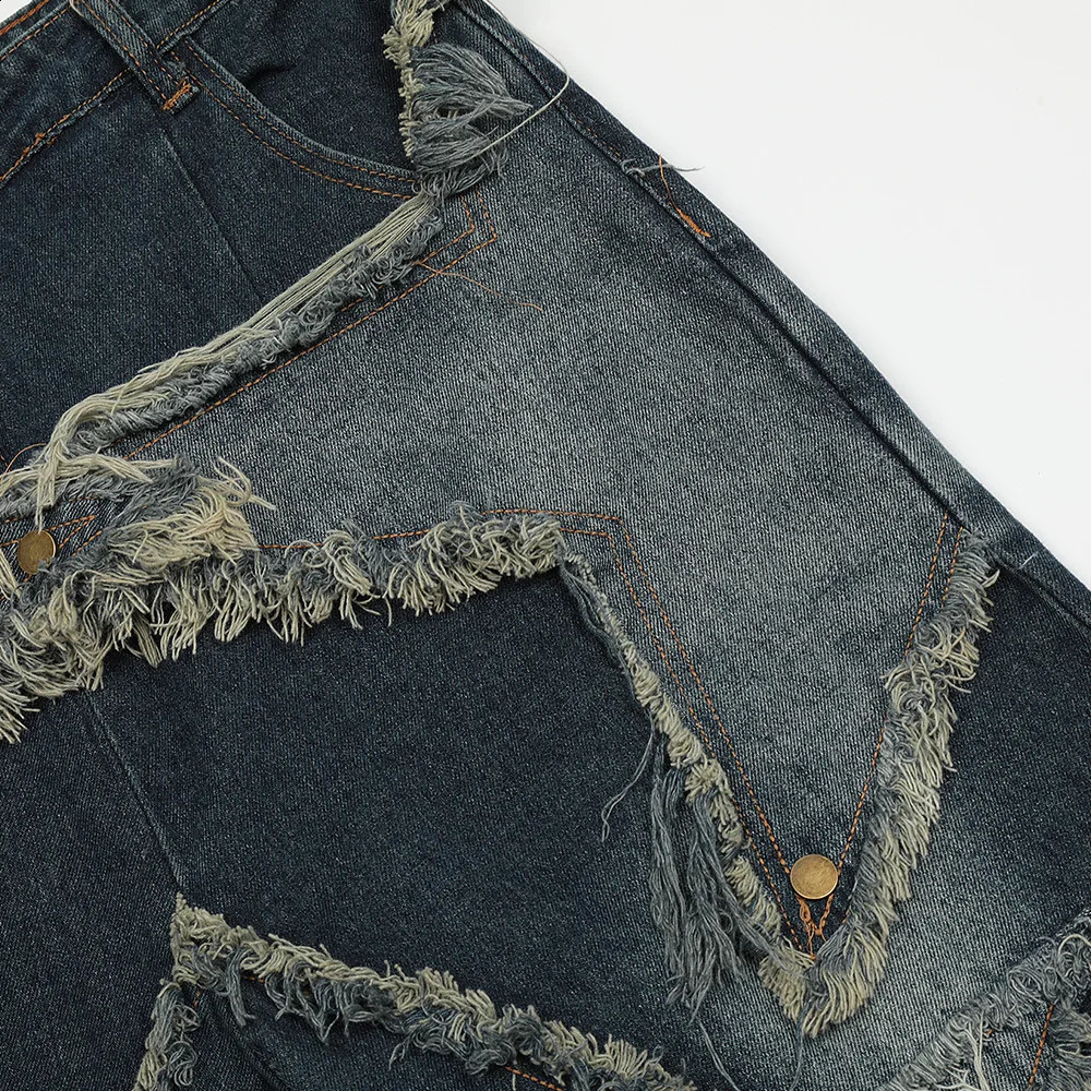 Vintage Jeans Shorts for Men Tassel Star Embroidery Denim Shorts Men Splicing Loose Hip Hop Streetwear Harajuku Y2K Jeans Pants 240921