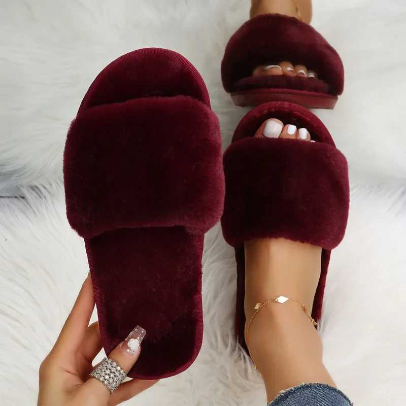 2022 New Women Winter House Furry Slippers N-Slip Casual Indoor Flats Floor Shoes Ladies Flip Flops Warm Shoes Solid ColorsXJ250207