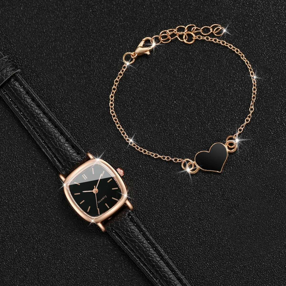 Fashion Women Leather Strap Square Case Quartz Watch Heart BraceletX240923