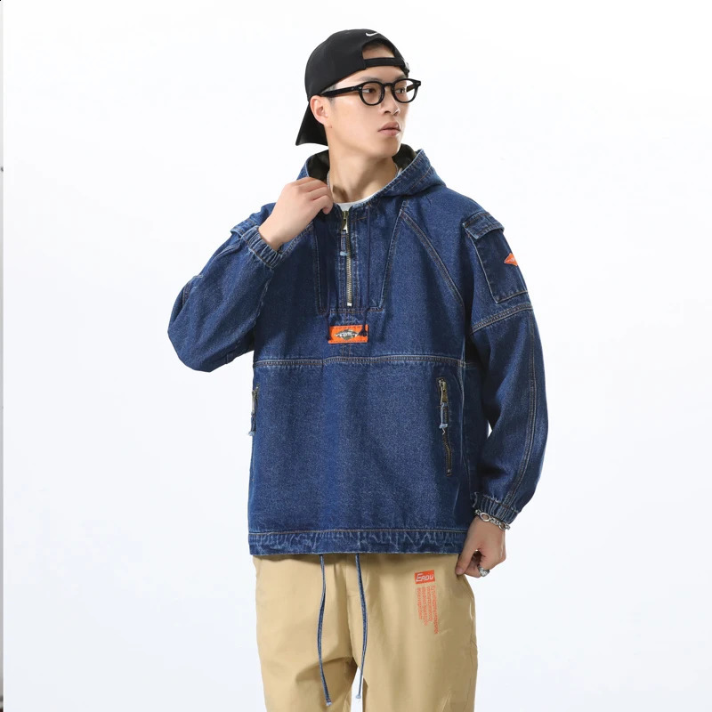 Spring Hooded Sports and Leisure Sweater 100% Cotton Loose Korean Stitching Cowboy Jacket Mens Wear 240921