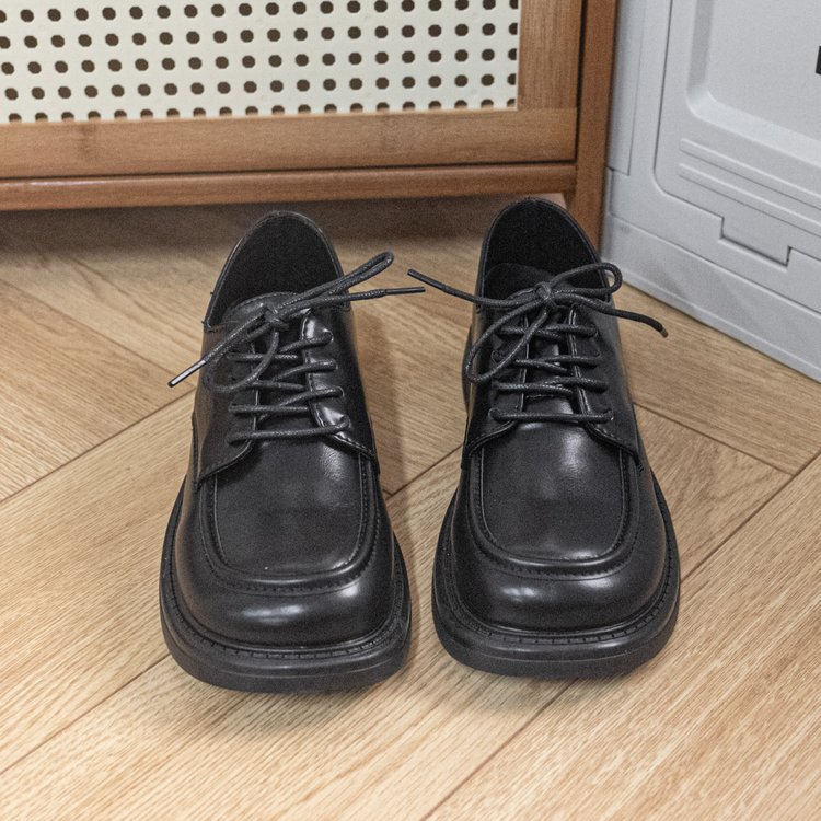 Women Casual Leather Shoes Chunky Heel Soft Sole Lace-up Vintage European Style Triple Black Beige Free shipping