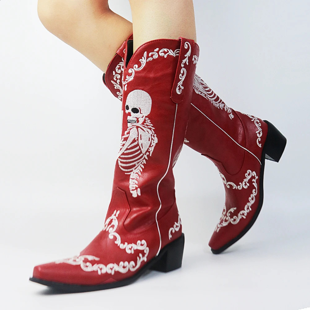 Women Skull Skeleton Selfie Cowboy Western Mid Calf Boots Pointed Toe Slip-On Stacked Heel Goth Punk Autumn Shoes 240921