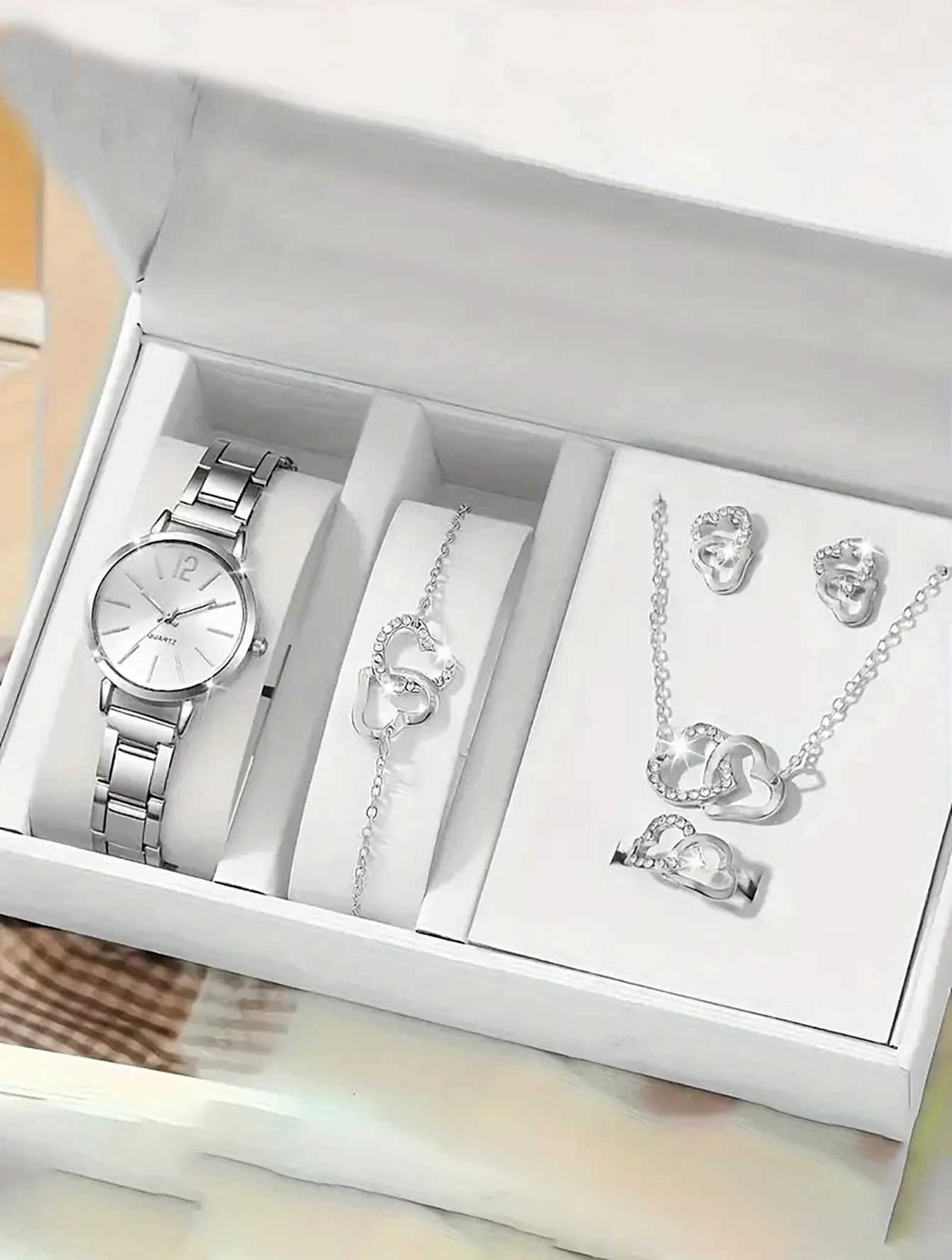 6PCS Casual Fashion Alloy graduated Ladies Rhinestone quartz watch with bracelet Necklace Ring earrings set the best gift itemX240923