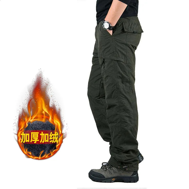 Winter Pants Men Double Layer Fleece Cargo Pants Waterproof Thicken Warm Baggy Work Long Trousers Man Tactical Pants Clothing 240911