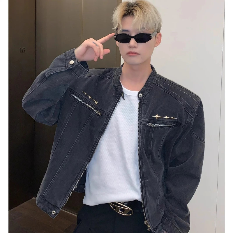 Motorcycle washed denim jacket American street hiphop metal n Distressed Coat zipper pocket loose unisex style 240921