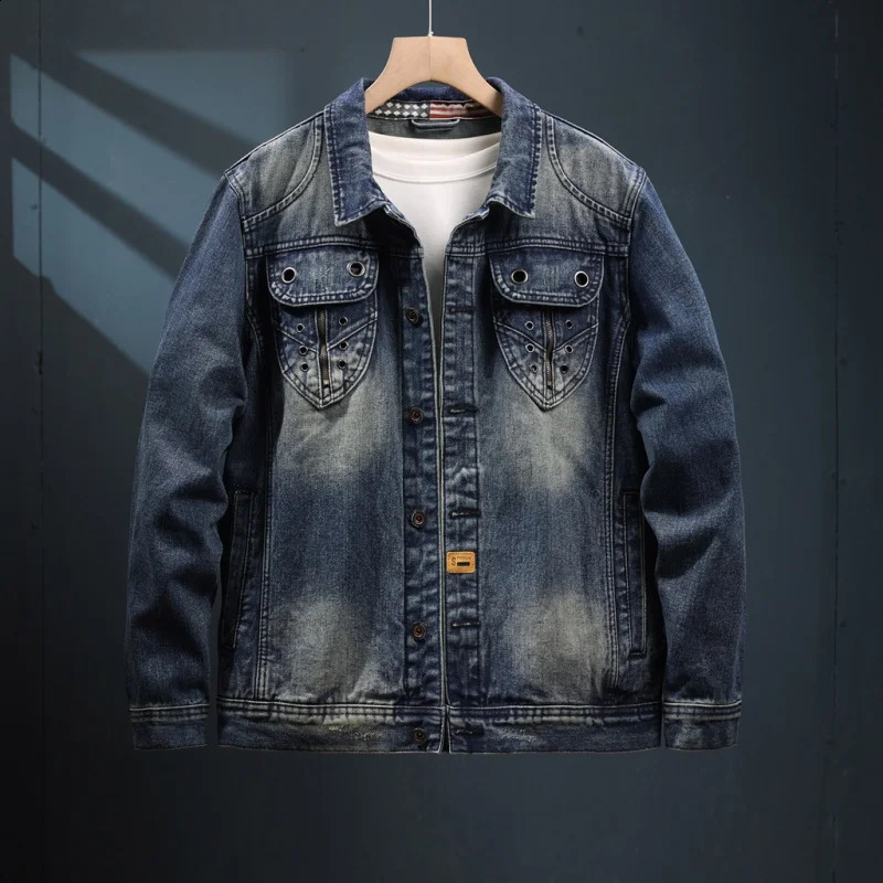 Autumn Retro Denim Jacket Mens Laundry Nostalgic Pocket n Street Motorcycle Clothing 240921