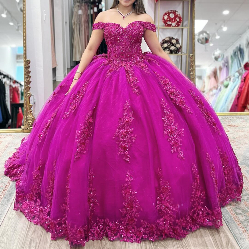 Rose Red Shiny Quinceanera Dresses Ball Gown Off The Shoulder Applique Lace Beading CrystalsTull Corset Sweet 16 Dress Vestido De 15 Anos