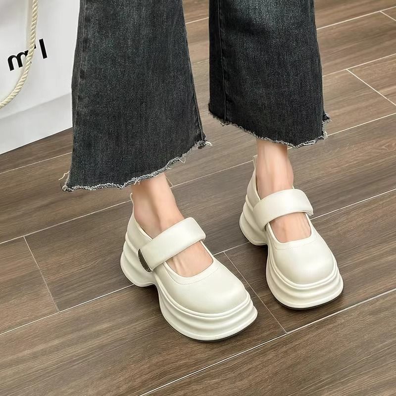 Casual Women's Loafers: Stylish Leather Shoes with Thick Platform Soles for Height Boost - Soft Sole, Triple Black and Beige, Free Shipping cbff