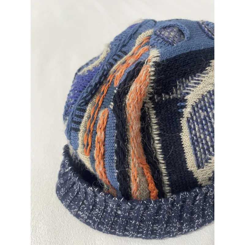 Beanie/Skull Caps Kital Jan Handmade Hats Men Knitted Blend Vintage Patchwork Warm Wool C Geometric Color Block Bonnets for Women Winter Hat J240923