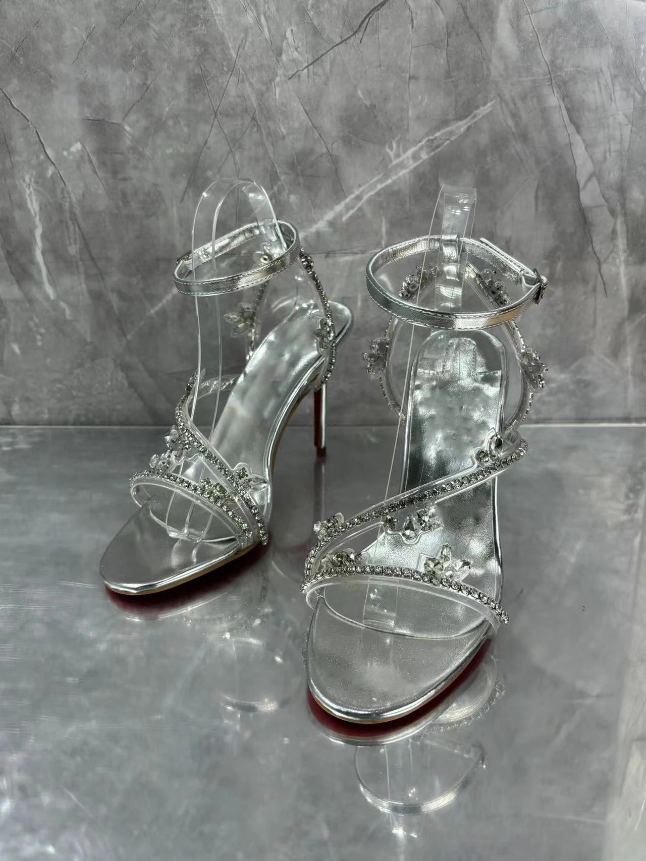 Womens thin highheeled sandals with crystal decoration and round toes womens buckle open collar summer silver 240919