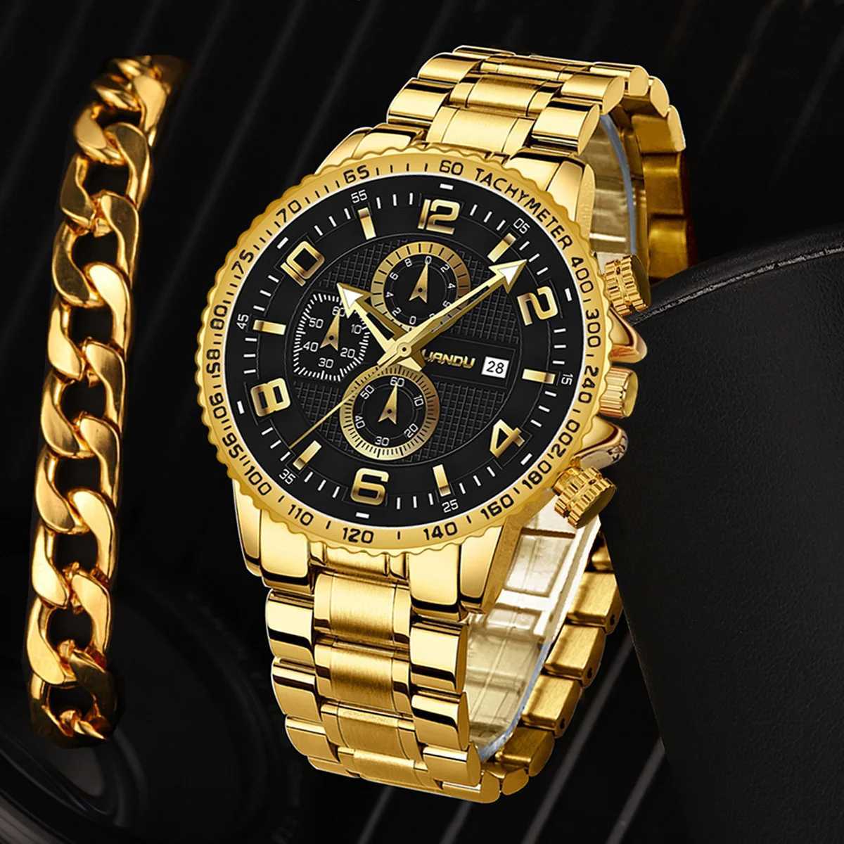 2-piece mens watch bracelet set luxury gold top fashion casual watch with calendar quartz watch Relogio Masculino W240923