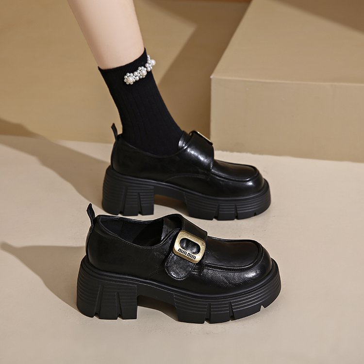 Casual Women's Leather Loafers: Versatile Platform Shoes for Height and Style - Black & Brown 7405