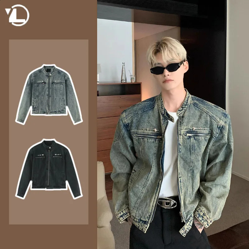 Motorcycle washed denim jacket American street hiphop metal n Distressed Coat zipper pocket loose unisex style 240921