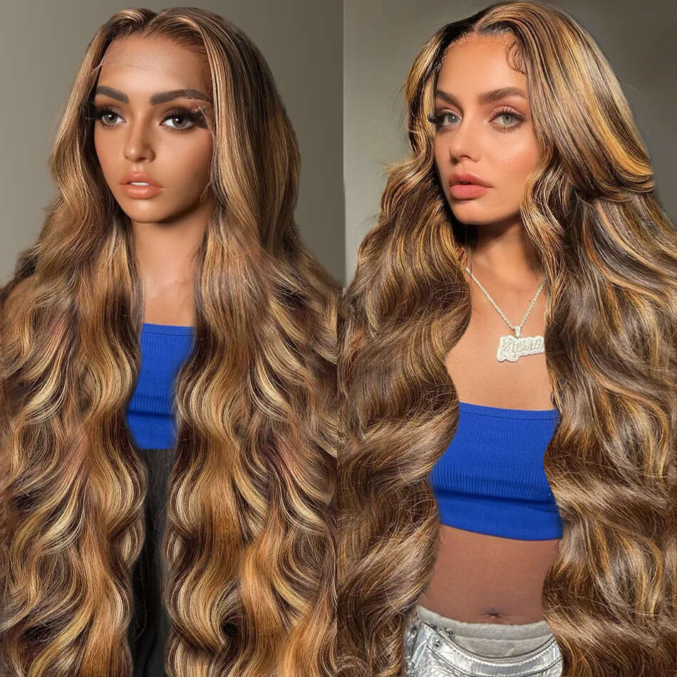 250 Density 4/27 Highlight Brown Color Body Wave 13x4 Front Transparent Lace Frontal Short Bob Human Hair Wigs
