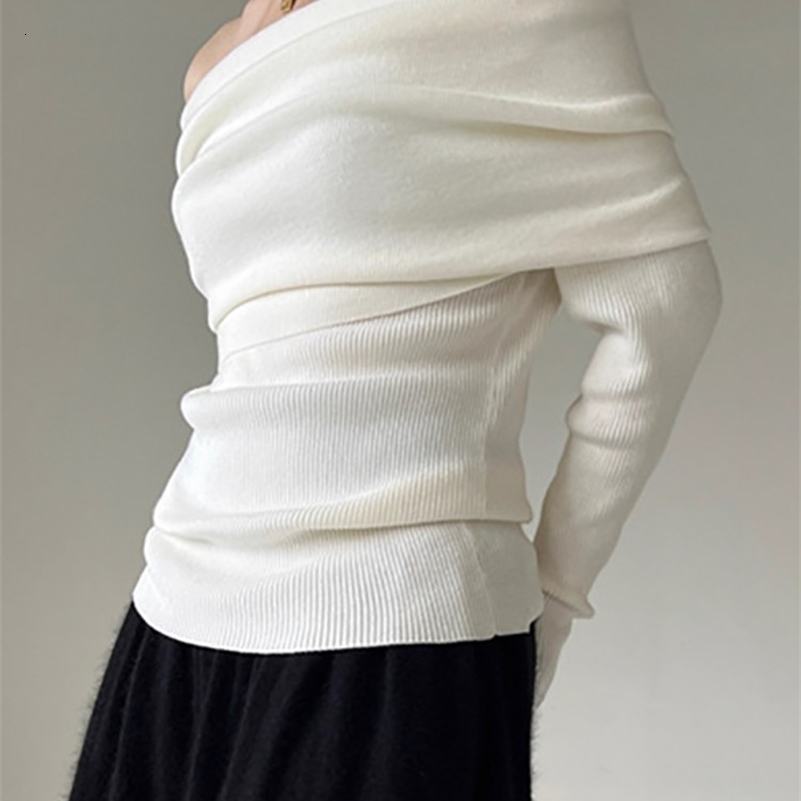 AOSSVIAO Autumn Winter Off Shoulder Women Sweaters Elegant Vintage Knitted Solid Jumper High Stretch Top Soft Chic Pullovers i240921