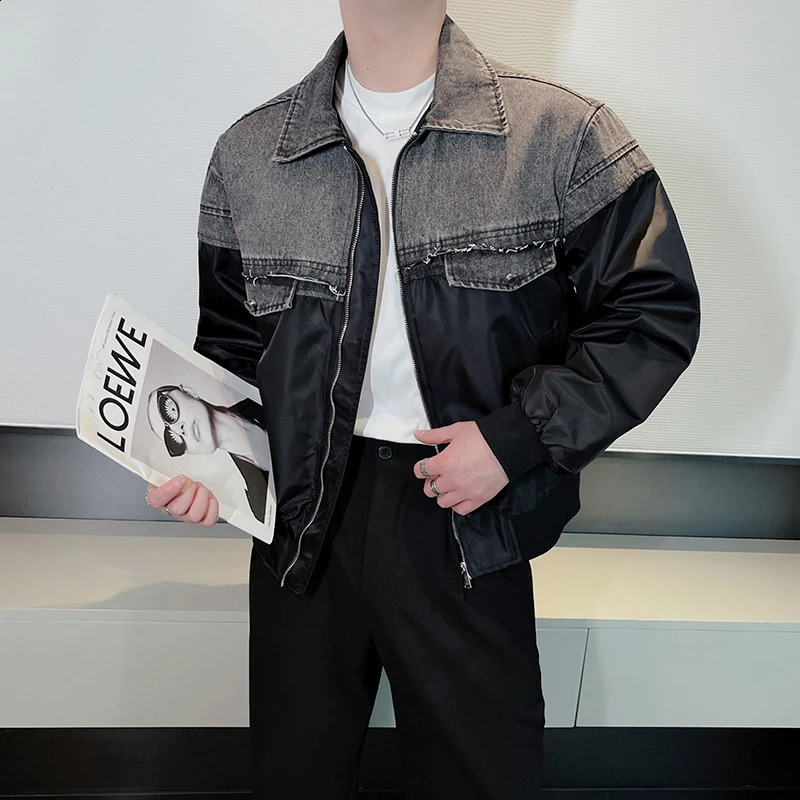 fashion patch work denim jacket mens loose casual baseball lapel streetwear social hiphop Harajuku 240921