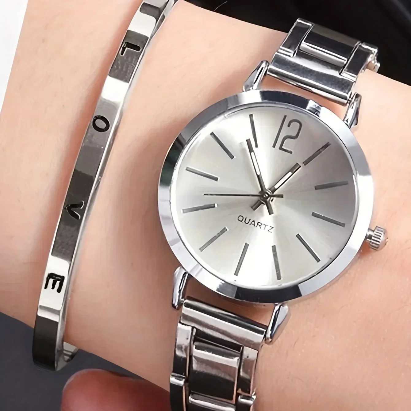 2pcs Bracelet Watch Set Ladies Fashion Simple Digital Alloy with Quartz Watch LOVE Bracelet Stainless Steel Women Watches GiftX240923