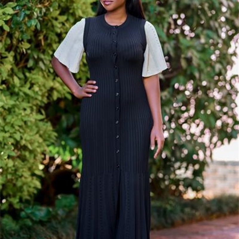 Patchwork Knitted Maxi Dress For Women Short Sleeve Hollow Out Ribbed Long Party Dresses Elegant O-Neck High Waist Lady Knitwear 240918