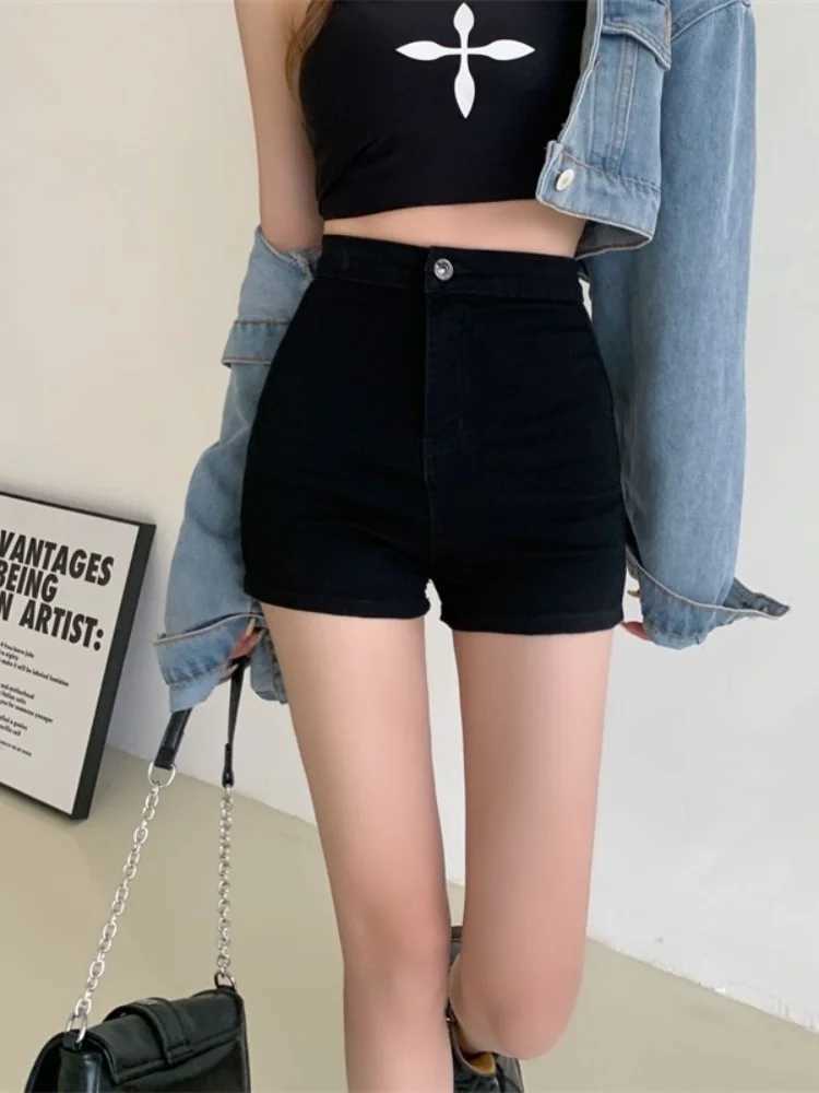 New Summer Women High Waist Button Wigh Leg Jeans Shorts Casual Female Loose Blue Denim Shorts Black WhiteX2409