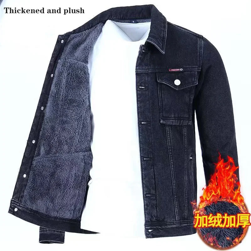 Winter mens denim jacket thick wool warm fashionable classic collar ultrathin bicycle jeans ed clothing 240921