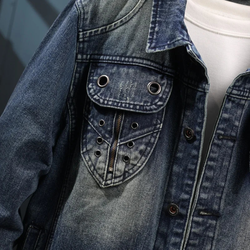 Autumn Retro Denim Jacket Mens Laundry Nostalgic Pocket n Street Motorcycle Clothing 240921