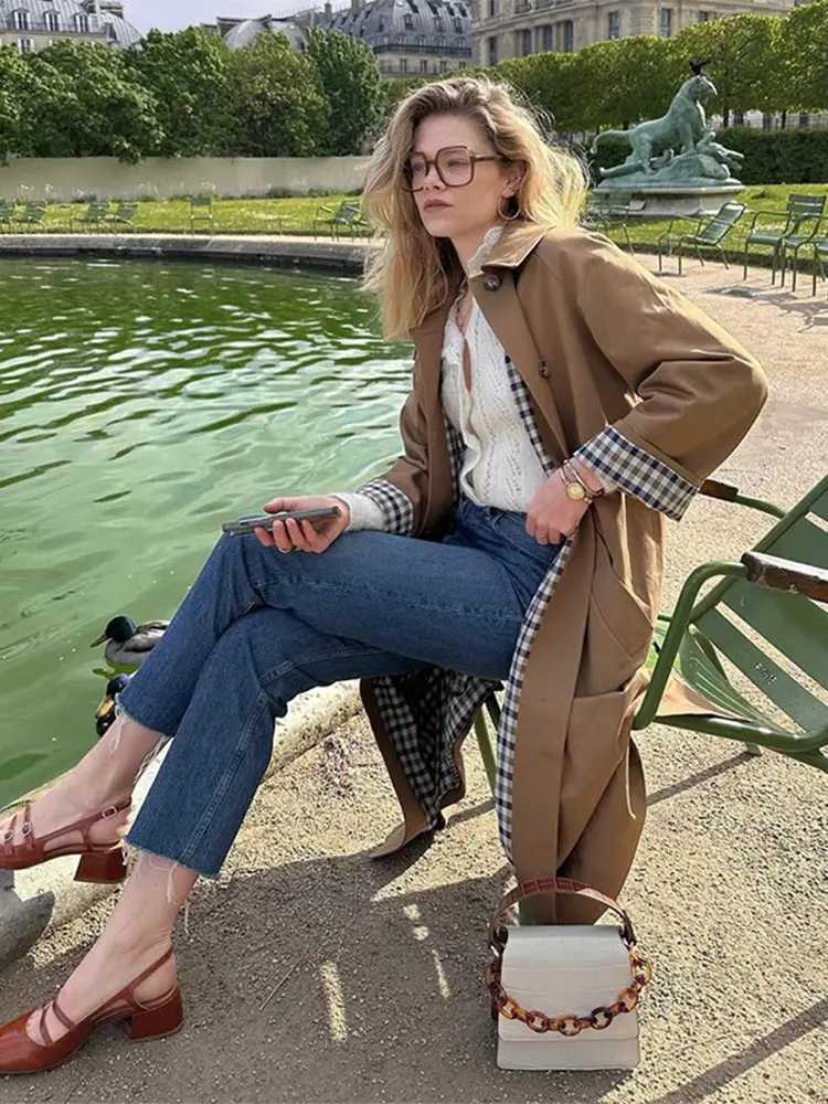 Womens casual khaki plain collar long coat fashionable single corset pocket 2024 autumn womens commuting windproof W240923