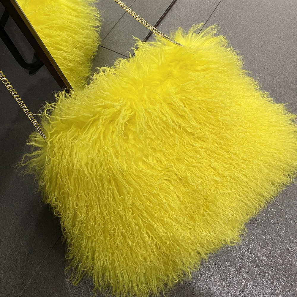 YOLOAgain Real Mongolian Sheepskin Shoulder Bag Womens Chain Fur Handbag 240923