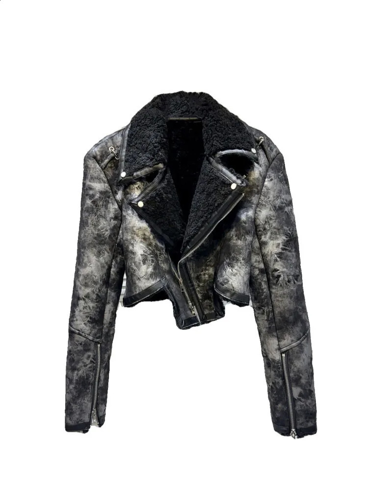 DEAT retro womens tie dye fur lapel PU leather coat winter fashion long sleeved zipper jacket womens 11X6973 240921