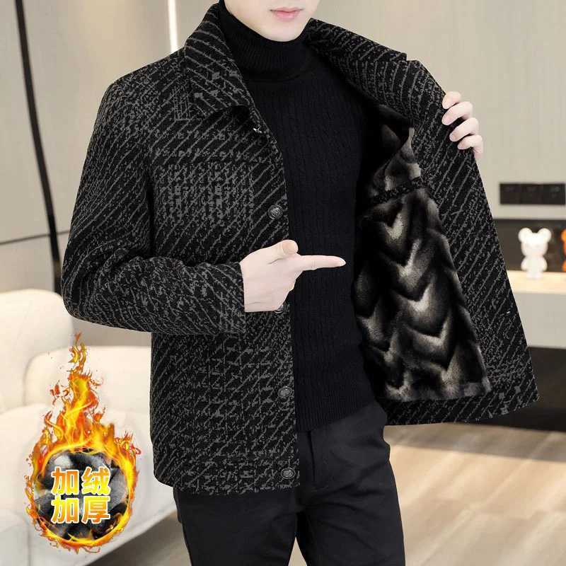 2022 Autumn Winter Striped Wool Blended Jacket Mens Plush and Thick Casual Business Short Trench Coat Social Street Clothing Coat W240921