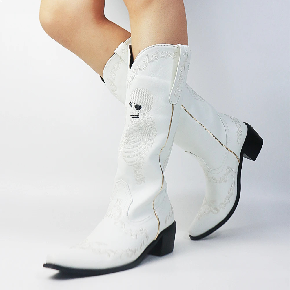 Women Skull Skeleton Selfie Cowboy Western Mid Calf Boots Pointed Toe Slip-On Stacked Heel Goth Punk Autumn Shoes 240921